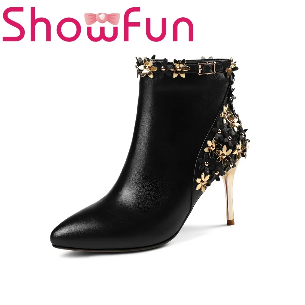 

Showfun genuine leather shoes woman winter solid ankle pointed toe zipper floral short plush thin heel boots