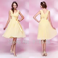 Schönes Kleid Für Eine Cocktail-Party Prinzessin Brautkleider Bidesmaid Knielangen Kleid Gelb Seidenband In Der V-ausschnitt bogen