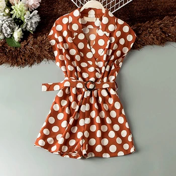 

Good Quality Dot Playsuit Fashion Short Sleeve Blazer Collar Belt Slim One Piece Shorts Summer Hot Sale 2019 Women Playsuits
