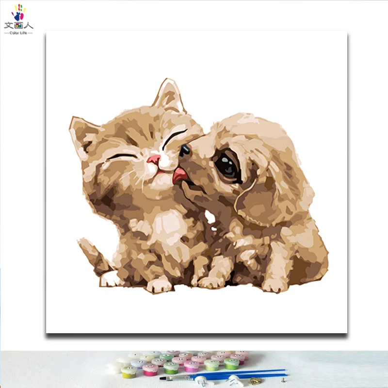 

Digital paints by numbers Cute dog and cat kiss pictures paintings by numbers animal Romantic love art hand-paint di framed