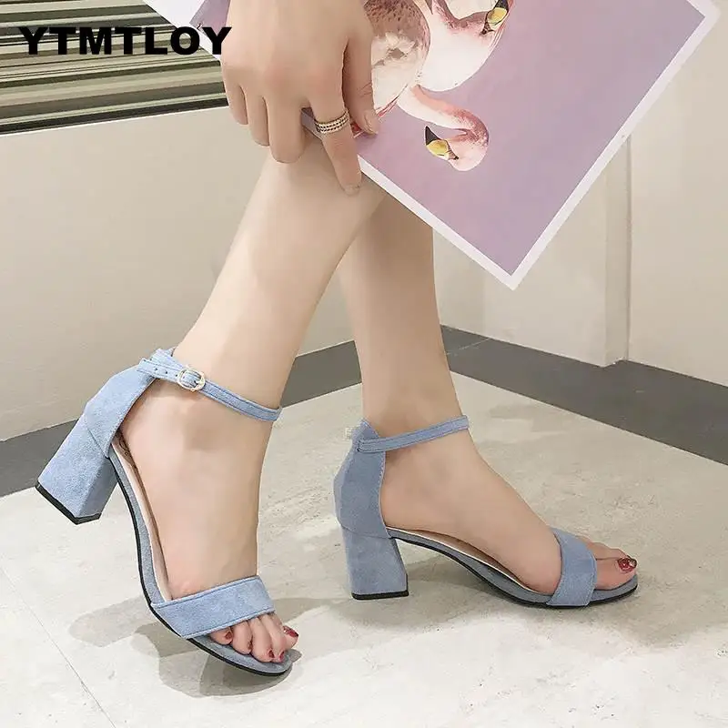 

HOT Ankle Strap Heels Women Sandals Summer Shoes Open Toe Chunky High Party Dress Big Size 40 Gladiator Square Heels Blue