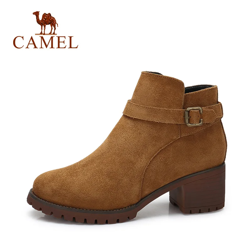 

CAMEL Fashion Casual Short Boots Women Winter British Cow Suede High Heel Short Boots Ladies Warm Plush Shoes For Ladies