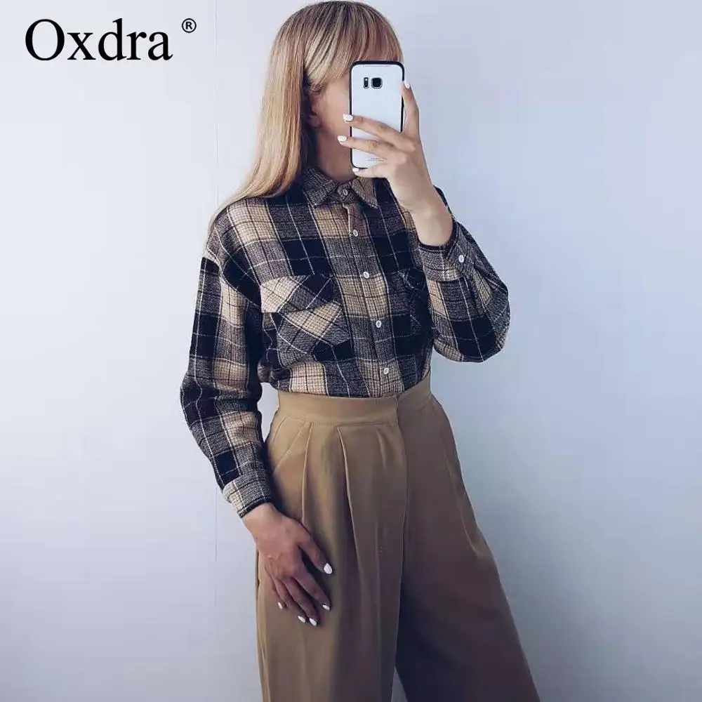

Oxdra 2019 Spring Autumn New Thick Loose Casual Blouses Turn Down Collar Plaid Blouse Long Sleeve Streetwear Lady Tops