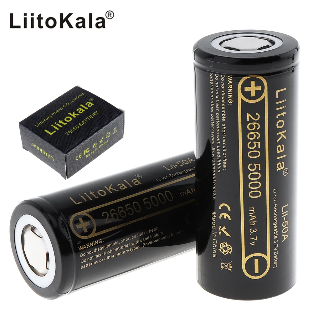 

2pcs LiitoKala 5000mAh 3.7V 26650 Battery Li-ion Lithium Rechargeable Battery with 20A Discharge Current for Flashlight Headlamp