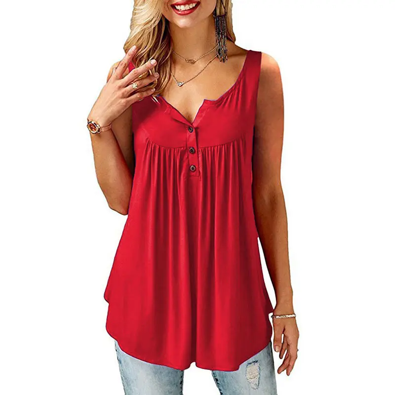 Summer Women'S Casual Tank Top Casual Sleeveless Button Up Split Neck T-Shirt Fashion Plus Size Solid Swing Flowy Tee S-5Xl (3)