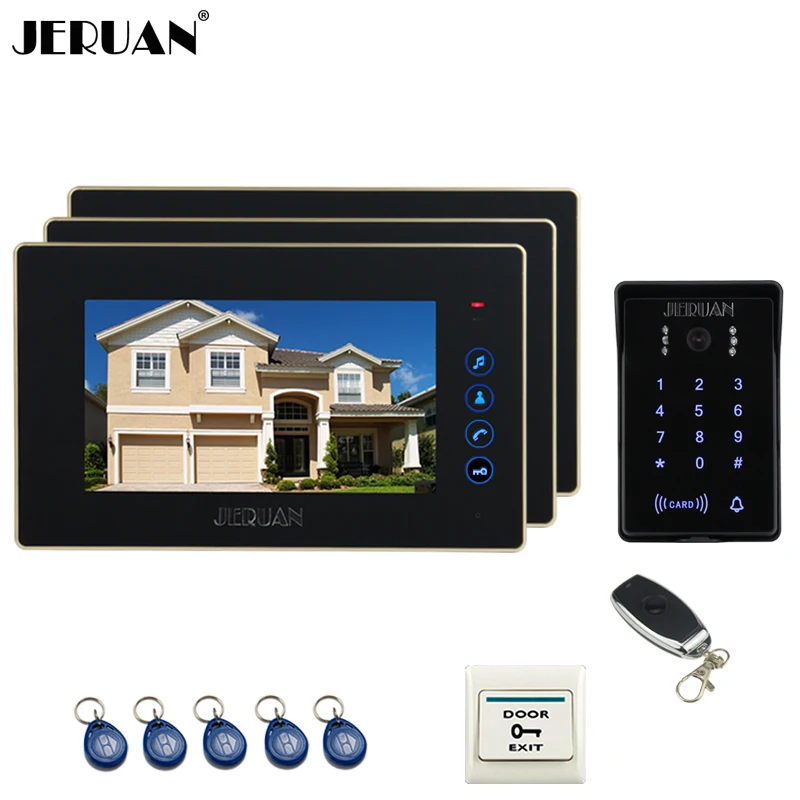 JERUAN Home wired 7 inch Touch key video doorphone intercom system 3 Monitor RFID waterproof touch key password keypad camera