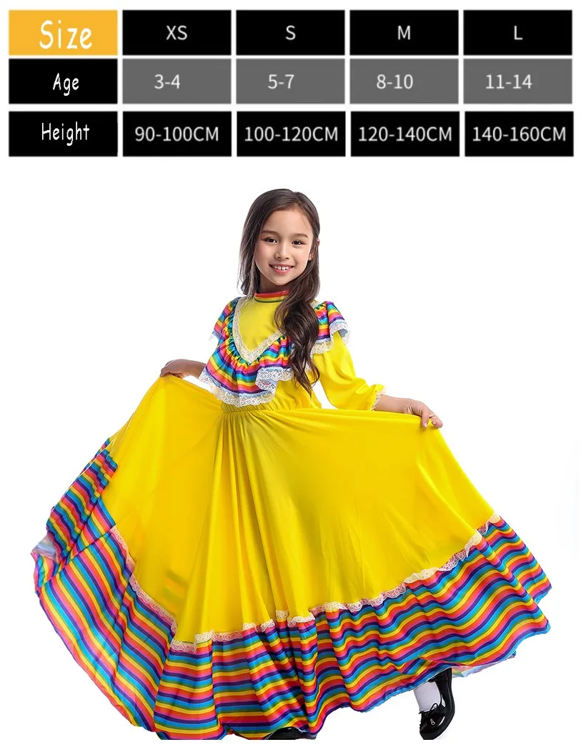 Мексиканское платье для маленьких девочек; костюм на день рождения, вечеринку, Хэллоуин; детская длинная юбка для танцев в мексиканском стиле - Цвет: Girls Mexican Dress