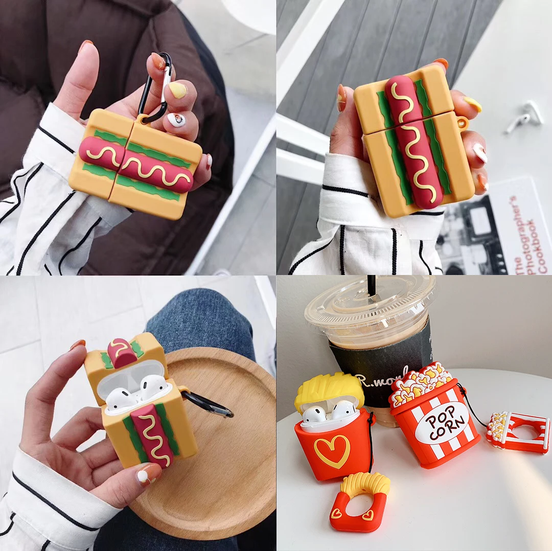 

For AirPods Case Cute Hot dog popcorn french fries pattern silicon Cover For airpods bag wireless earphones Case For air pods 2