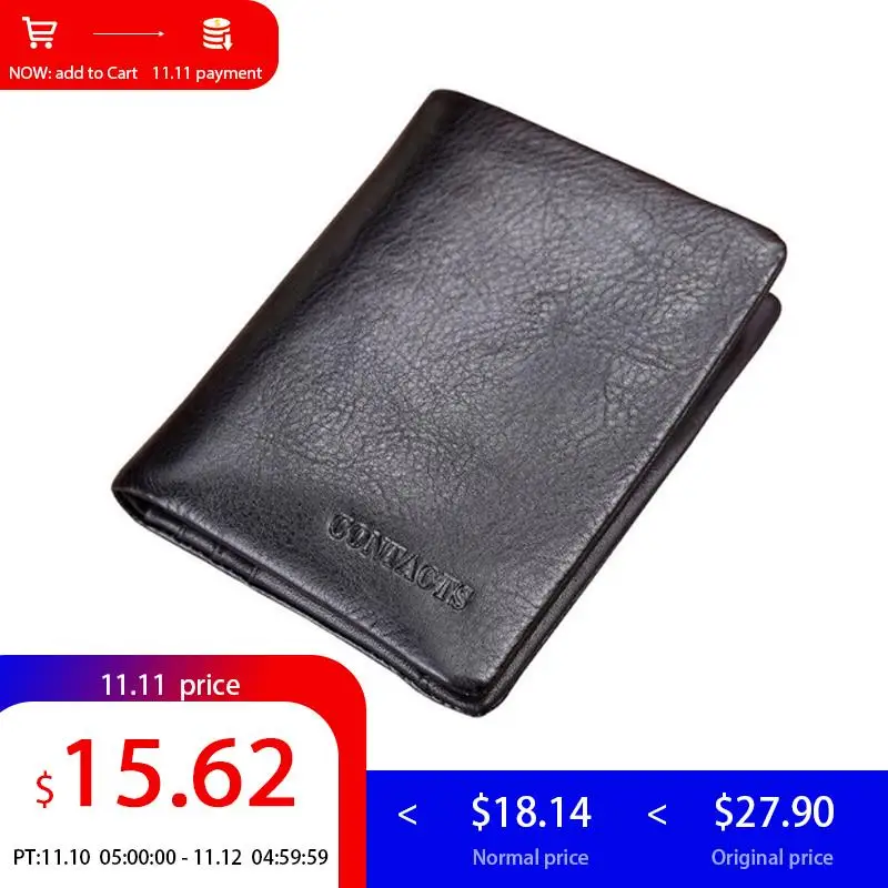 

CONTACT'S Brand Men Short Wallets Genuine Leather Wallet Vintage Purse Men Black ID Card Holder Wallet Men Carteira Coin Purse