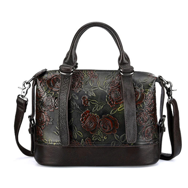 Женская сумка-мессенджер из натуральной кожи через плечо с ручками сверху, винтажная женская сумка с тиснением в виде розы,, сумка-тоут
