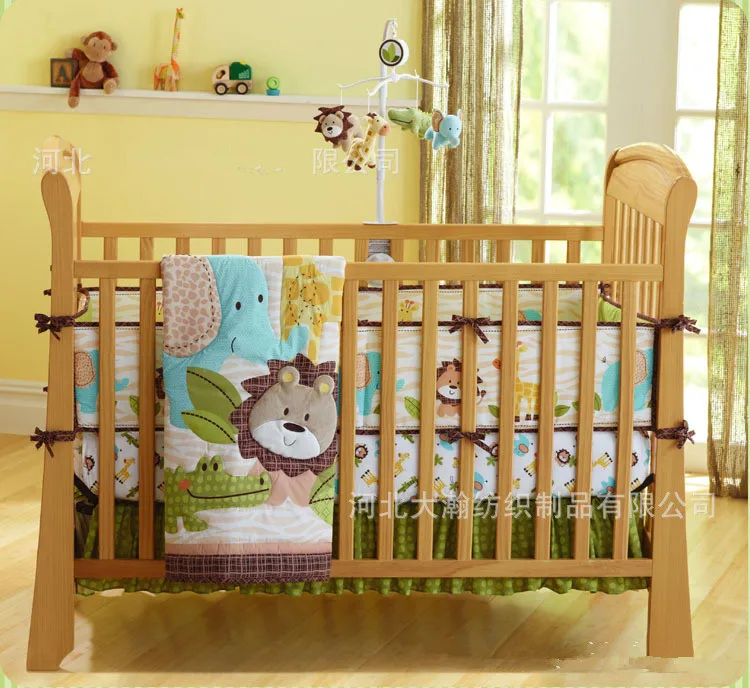 

Promotion! 7pcs Embroidery Lion Baby Cot bedding sets cot baby bed cot sheet,include (bumpers+duvet+bed cover+bed skirt)