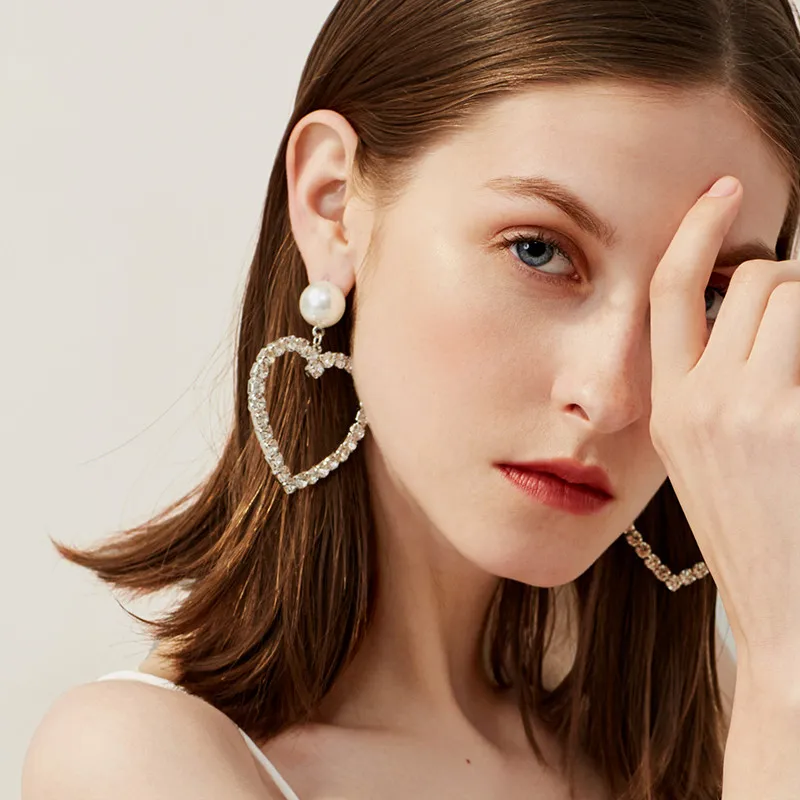 GG&ampCC Korean Fashion Sweet Rhinestone Earrings Lovely Heart Shaped Hollow Exaggerated Pearl For Women Party Jewelry | Украшения и
