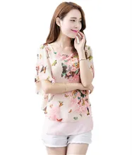 2017 Summer New Women’s Round Neck Short-sleeved Printed Chiffon Blouse Large Size Loose Ladies shirt BL73