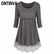 Лоскутная кружевная отделка Длинная Футболка Туника для женщин Круглый вырез тонкая талия Ruched топы Пеплум Дамы Летний Повседневный пуловер тройники топы