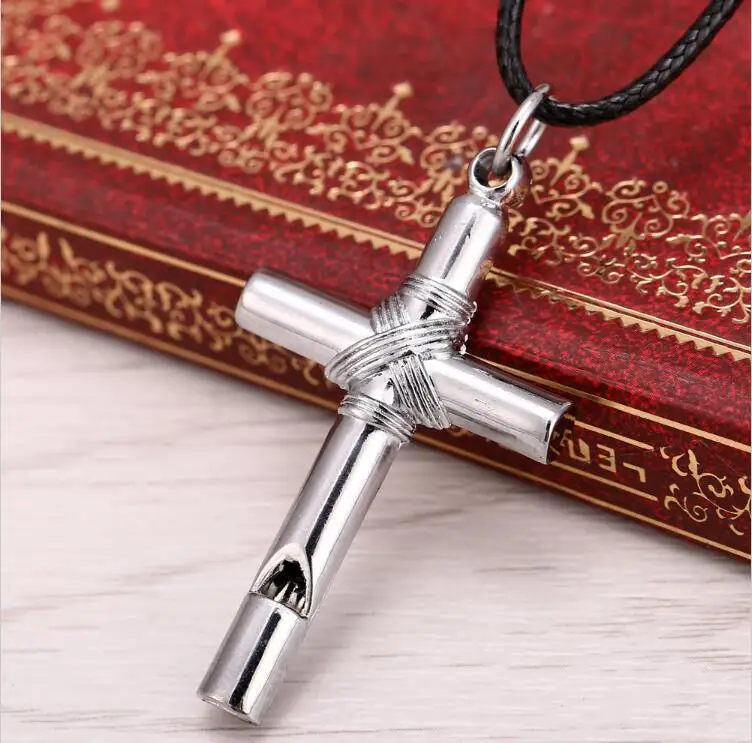 

Men Women Whistle Titanium Steel Cross Pendant Necklace Jewerly with Leather Rope fashion jewelry necklace