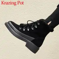 2018 new arrival solid warmful round toe chunky low heels lace up cow leather luxury rabbit fur european western ankle boots L58