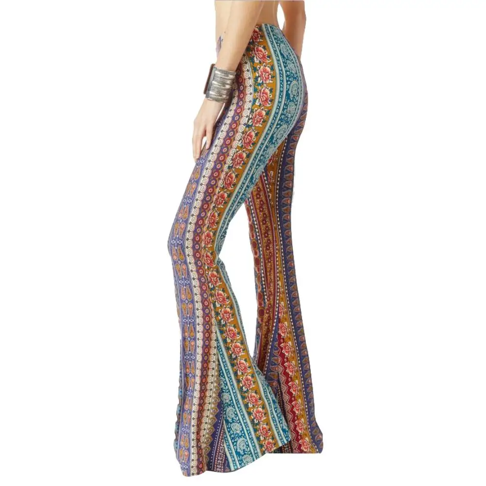

2019 Summer Boho Vintage Ethnic Flower Print Gypsy Women High Waist Bell Bottom Loose Wide Leg Flared Long Pants Trousers