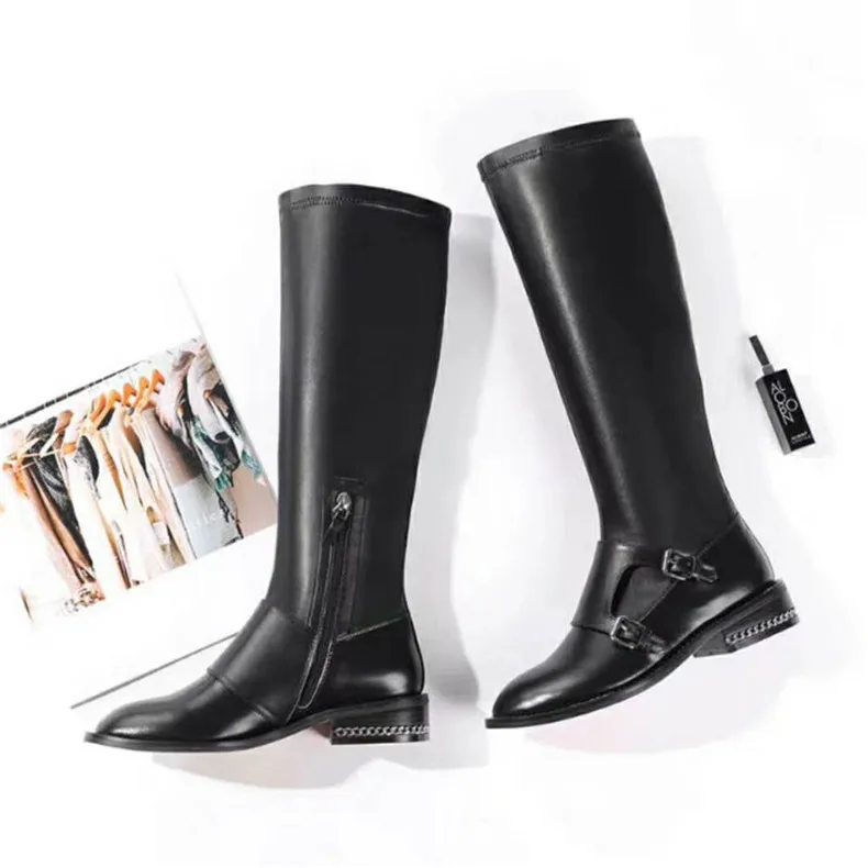 

Dipsloot New Hot 2019 Women Square Low Heels Side Zipper Shoes For Ladies Round Toe Knee High Boots Girls Buckles Knight Boots