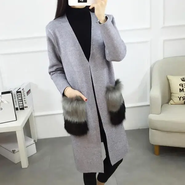 

Women Cardigan New Female Cashmere Cardigan Long Sweater V-Neck Knit Shirt Slim Version Big Yards coat faux fox fur DF336