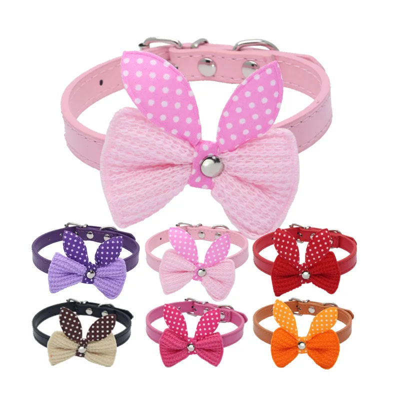 Small Pet Dogs Collars Cute Knit Bowknot Leads Cat Adjustable Leather Collar XS S M Puppy Choker
