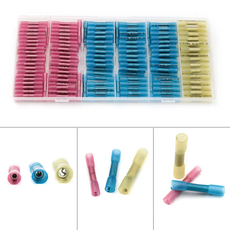 

YT 200PCS Red/ Blue/Yellow Assortment Heat Shrink Butt Splice Connectors Crimp Terminals Kit For 10-22AWG Wire Cable Connection