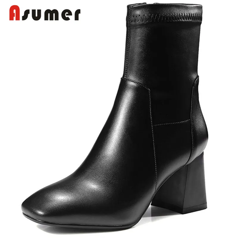 

ASUMER 2020 new arrive fashion zip ankle boots for women simple square toe genuine leather comfortable high heels winter boots