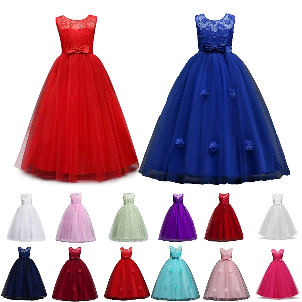 

Flower Girls Wedding Party Maxi Dress Lace Floral Tulle Long Gown Kid Pageant Teen Prom Frock Princess Christmas Formal Clothes