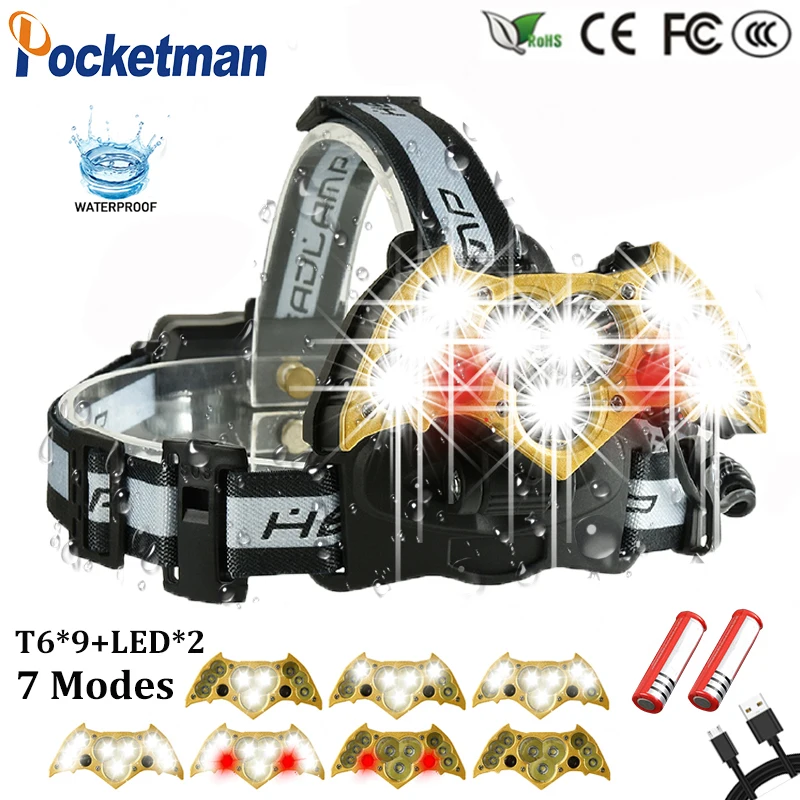 

60000LM LED Headlight 9*T6+2 Red Warning Light Headlamp with SOS rescue whistle Electricity Reminder USB Charge 18650 90