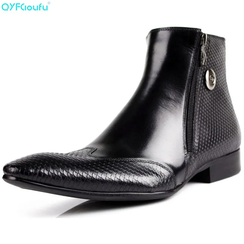 

Pointed Toe Snake Pattern Chelsea Boots Men Italy Style Fashion Ankle Brogue Zipper Casual Genuine Leather Dress Boots