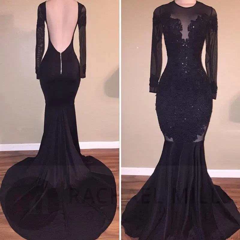 

Vintage Black Mermaid Prom Dresses 2021 Vestidos De Fiesta De Noche Long Sleeve Evening Dress Backless Sheer Formal Party Gowns