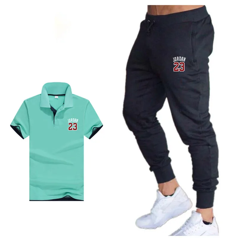 Комплект из двух предметов, Мужская одежда, летний спортивный костюм, рубашка поло, спортивные штаны, спортивный костюм, мужская повседневная футболка jordan 23, Мужская футболка для бега