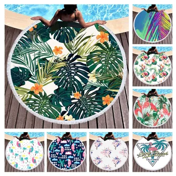 

Free shipping Gift Tropical Plant Flower Monstera Leaf Toucan Flamingo Print Fringed Large Round Bath beach towel Blanket 150cm