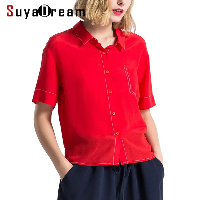 Women Silk blouse 100 REAL silk crepe Short sleeved Red blouse shirt