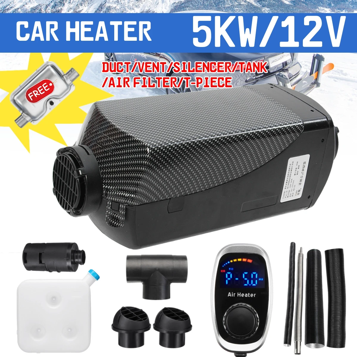 

HCalory 12V 5kw Diesels Air Parking Heater Air Heating LCD Screen Digital knob Switch with Silencer For Trucks Bus Car Trailer