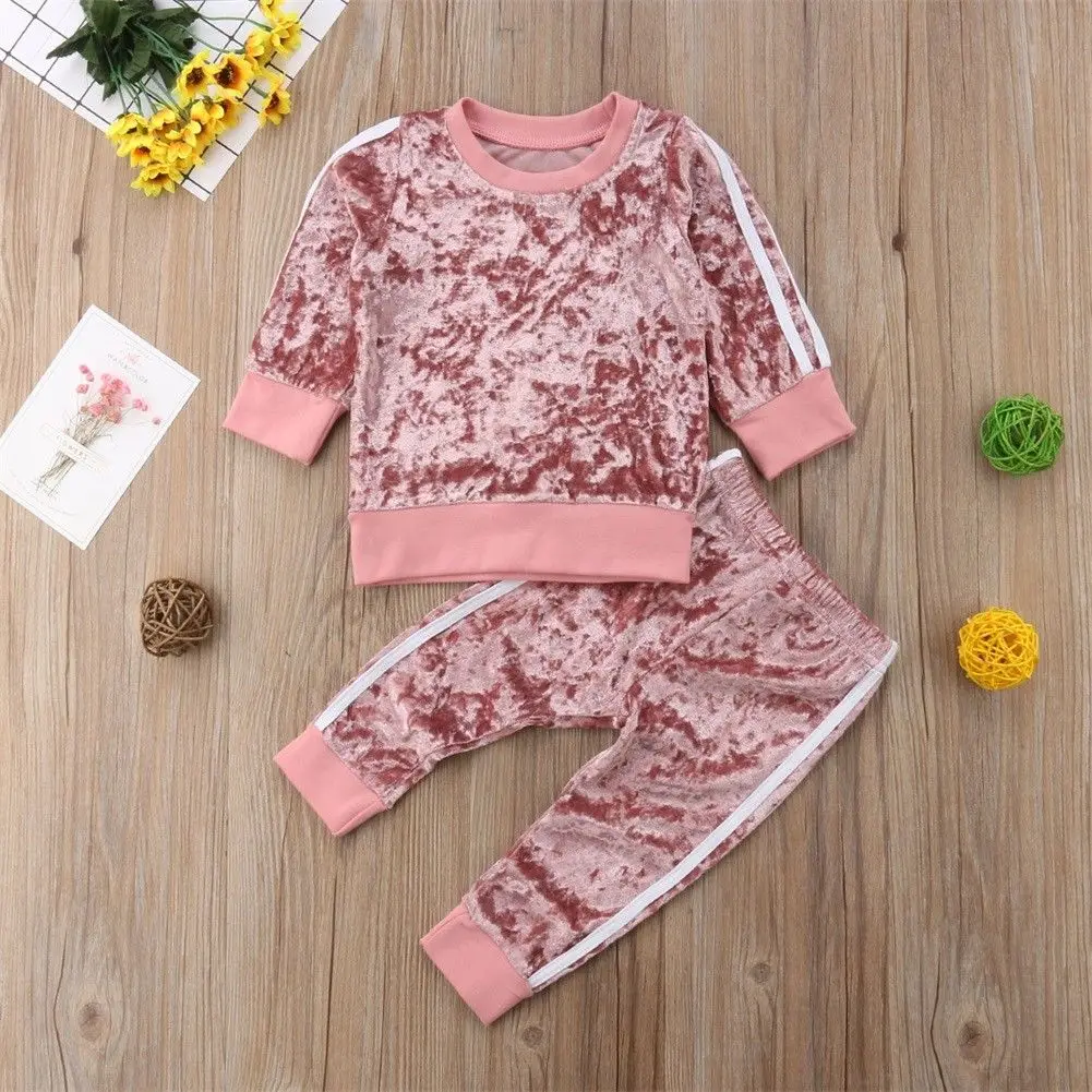 Комплект повседневной одежды из 2 предметов для маленьких девочек: бархатный топ, Толстовка и штаны - Цвет: Розовый