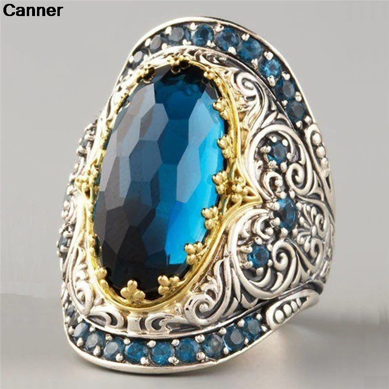 

Canner Luxury Blue Crystal Men Ring Women Wedding Bridal Blue Gem Stone Big Ring Retro Classical Engraving Ring Party Jewelry C3