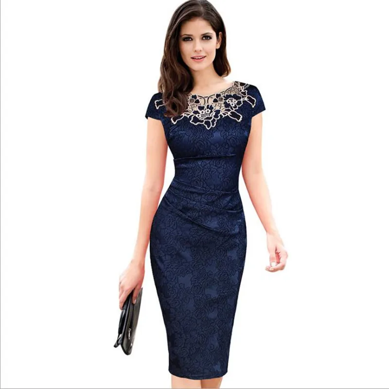 2019 New Womens embroidery Elegant Vintage Dobby fabric Hollow out embroidered Ruched Pencil Bodycon Evening Party Dress
