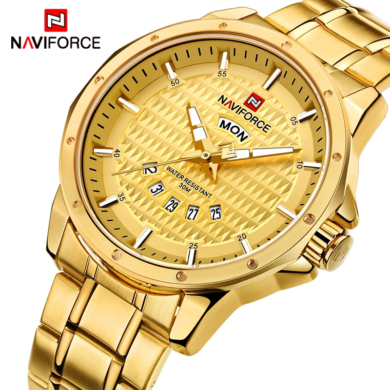 

NAVIFORCE Mens Luxury Brand Gold Watches Men Quartz Date Week Clock Man Waterproof Fashion Sports Stainless Steel Wrist watch
