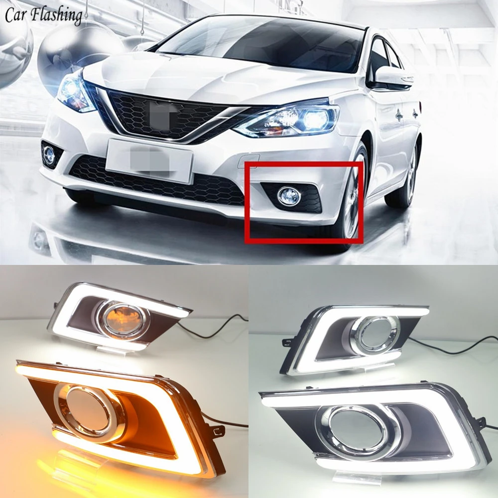 

Car Flashing 1Set DRL Daytime Running Lights Daylight Fog Light Cover With Turn Yellow Signal For Nissan Navara Sentra 2016 2017