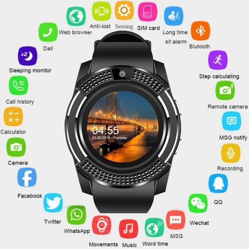 

Upgraded V8 Smart watch with Camera/SIM Card version Sleep Monitor message Calls Reminder Music player V8S PK GT08 DZ09 A1