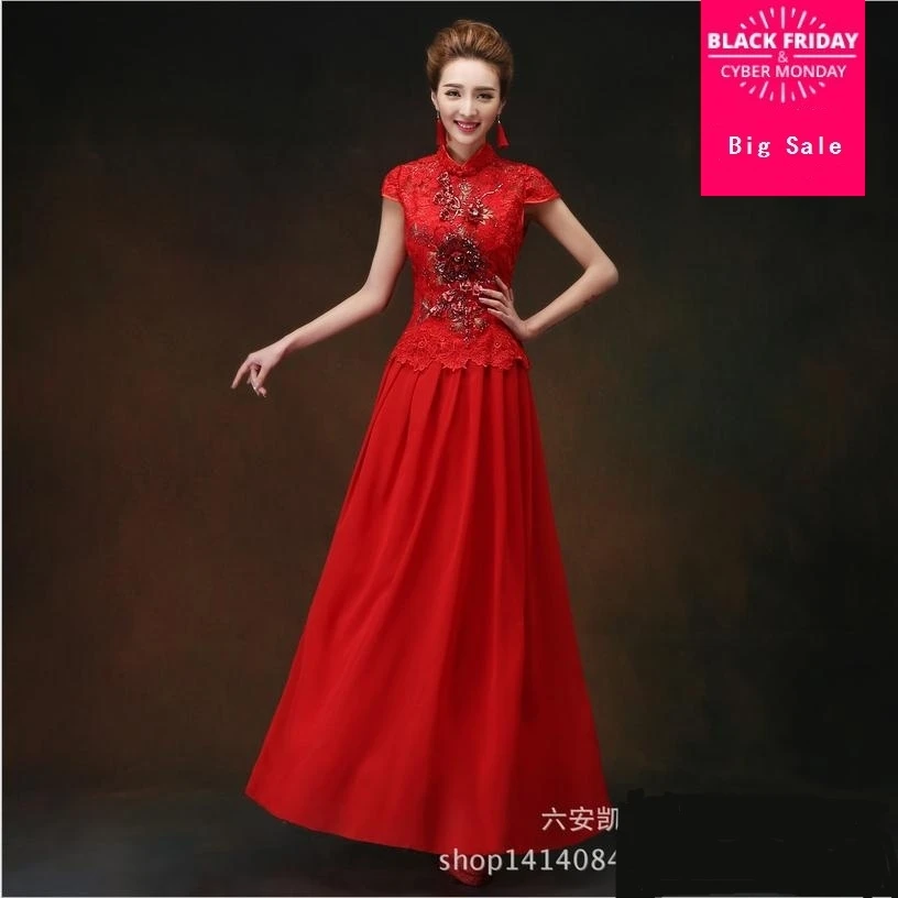 2018 бисер алмаз тонкий платье красный шить вышивка полые вырезать невесты тост костюмы Длинные cheongsam W886