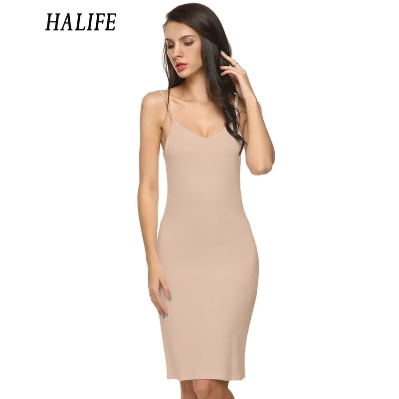 HALIFE Long Slip Summer Solid Spaghetti Strap Sleeveless Knee Length Bottoming Soft Womens Slips Underwear Jupon Femme XXL 608