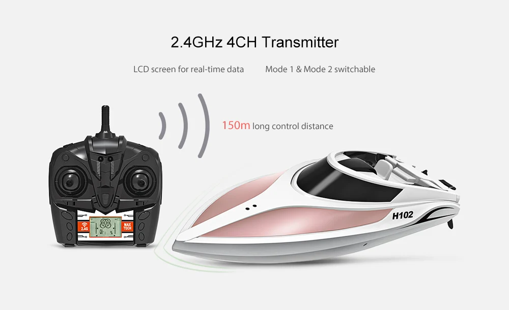 5.TKKJ H102 Brushed RC Racing Boat RTR 26 - 28kmh  Self-righting Function  2.4GHz 4CH LCD Screen Transmitter