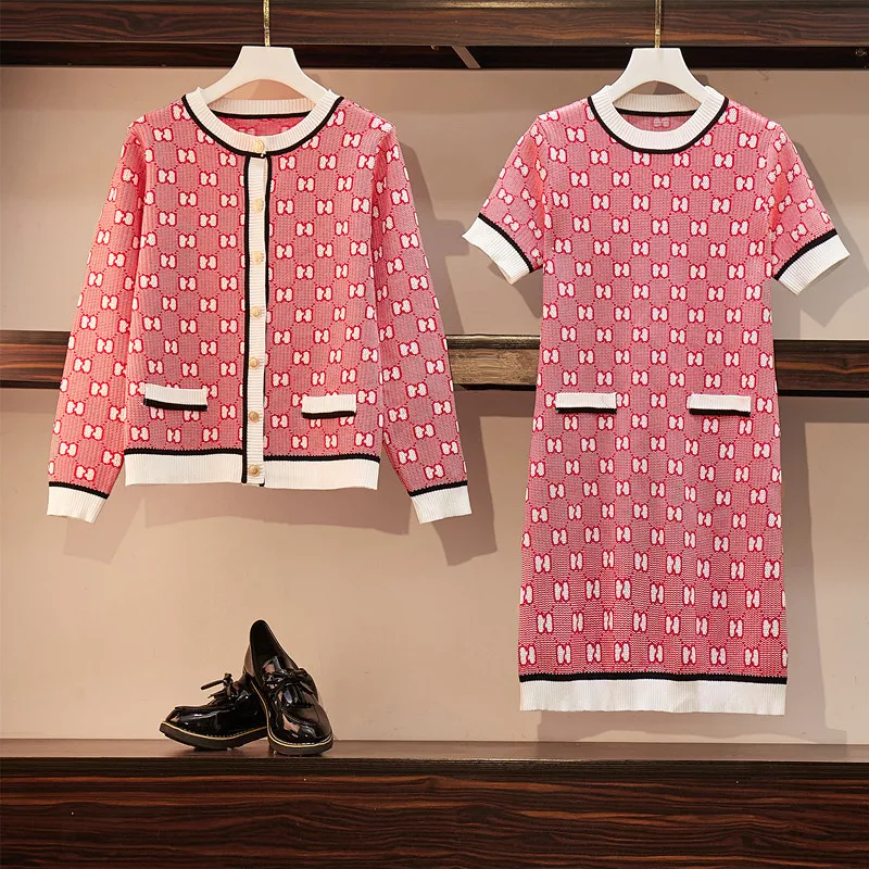 

5XL Large Size 2 Piece Set Women Autumn Winter Dress Suit Plus Size Plaid Cardigans + Jacquard Embroidery Knitting Dresses Sets