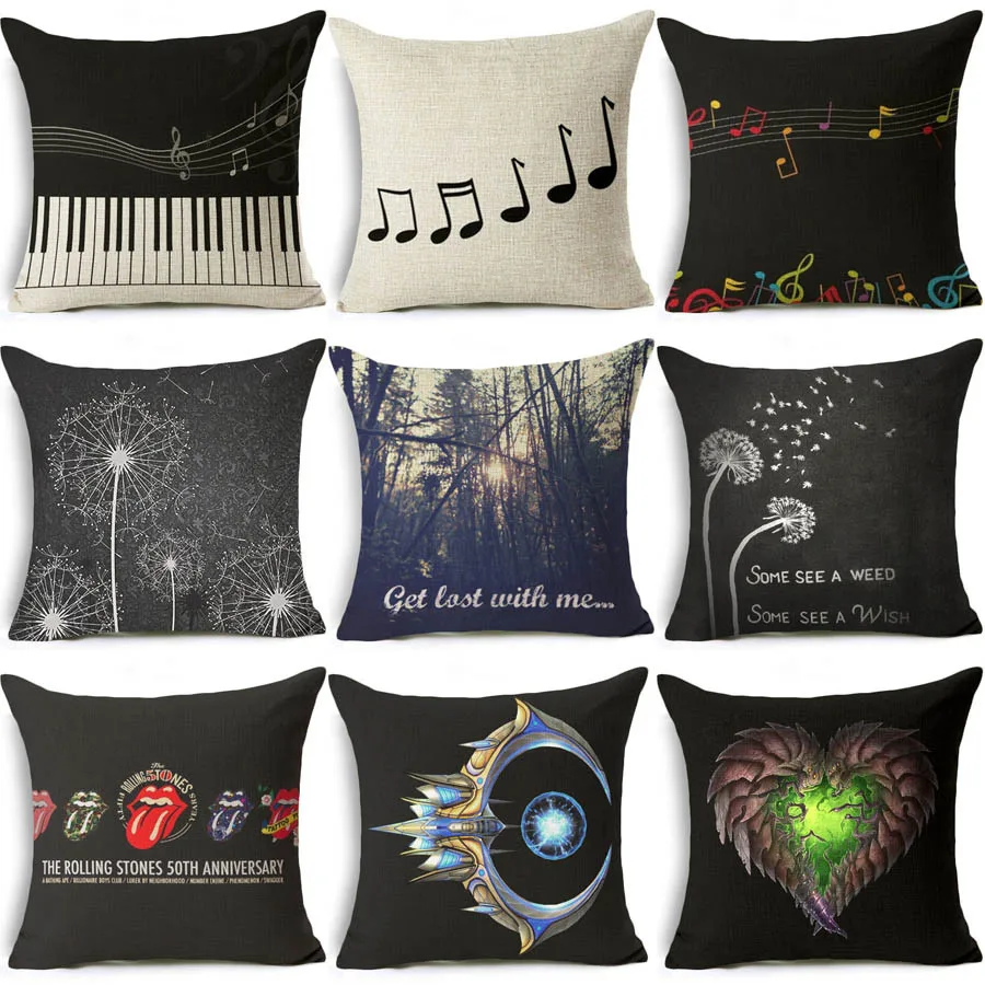 

Black Cotton Linen Cushion Cover Note Plant Decorative Cushion Cover Pillow Case Pattern Sofa Seat Square cushion