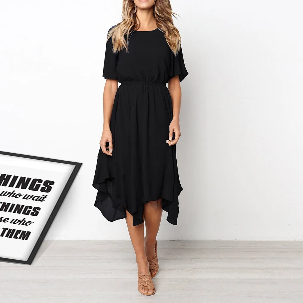 

Women Casual Short Sleeve O Neck dresses Knee Length Evening Party Dress Round neck short sleeve waist irregular vestidos