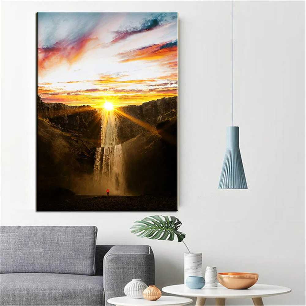 Большой закат пейзаж живопись водопад Гора Настенная картина с ландшафтом Печать на холсте картина для гостиной дома декоративная рамка