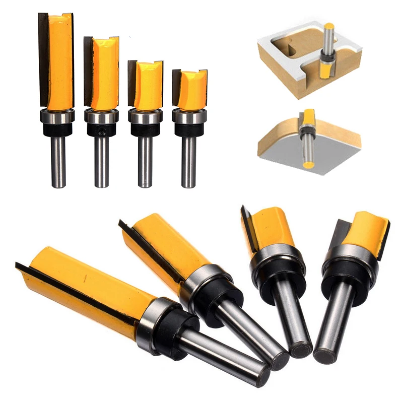4Pcs/Set 8mm Length Flush Trim Pattern Router Bit Shank Panel Top Bottom Bearing Woodworking Milling Cutter