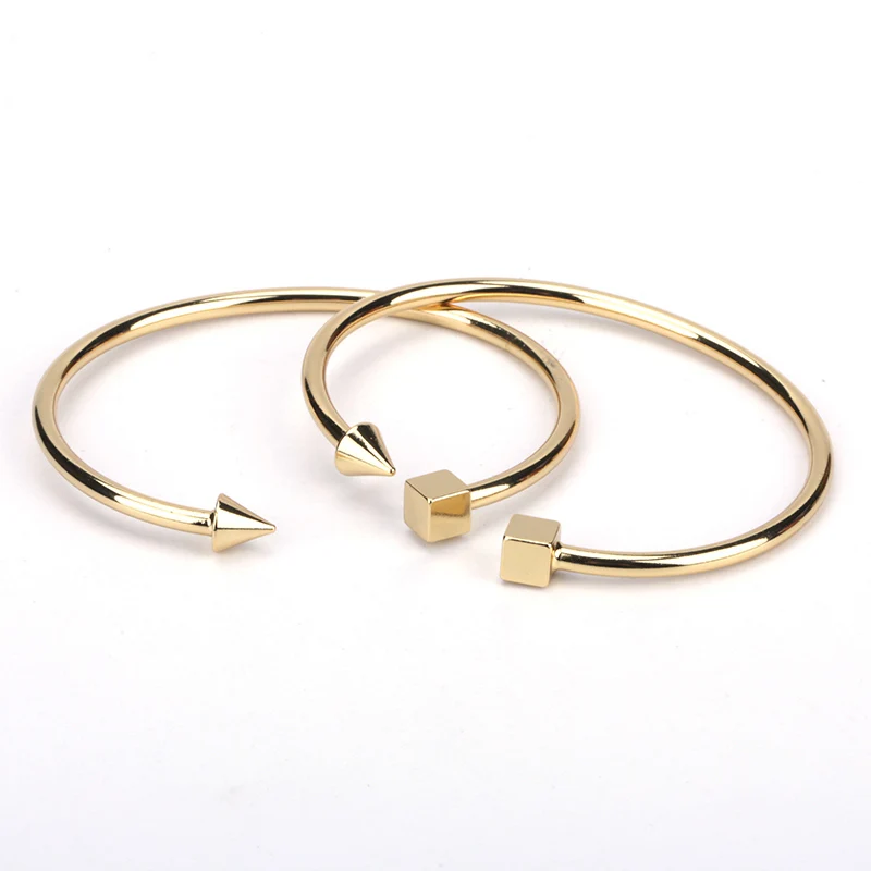 

New Simple Trendy Pure Gold Color Cube Cone End Bead Charms Adjustable Bracelet Bangle Cuff For Unisex Couple Watch Accessory