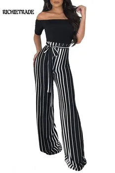 

RICHIETRADE Sexy Woman Jumpsuit Striped Slash Neck Short Sleeve And Full Length